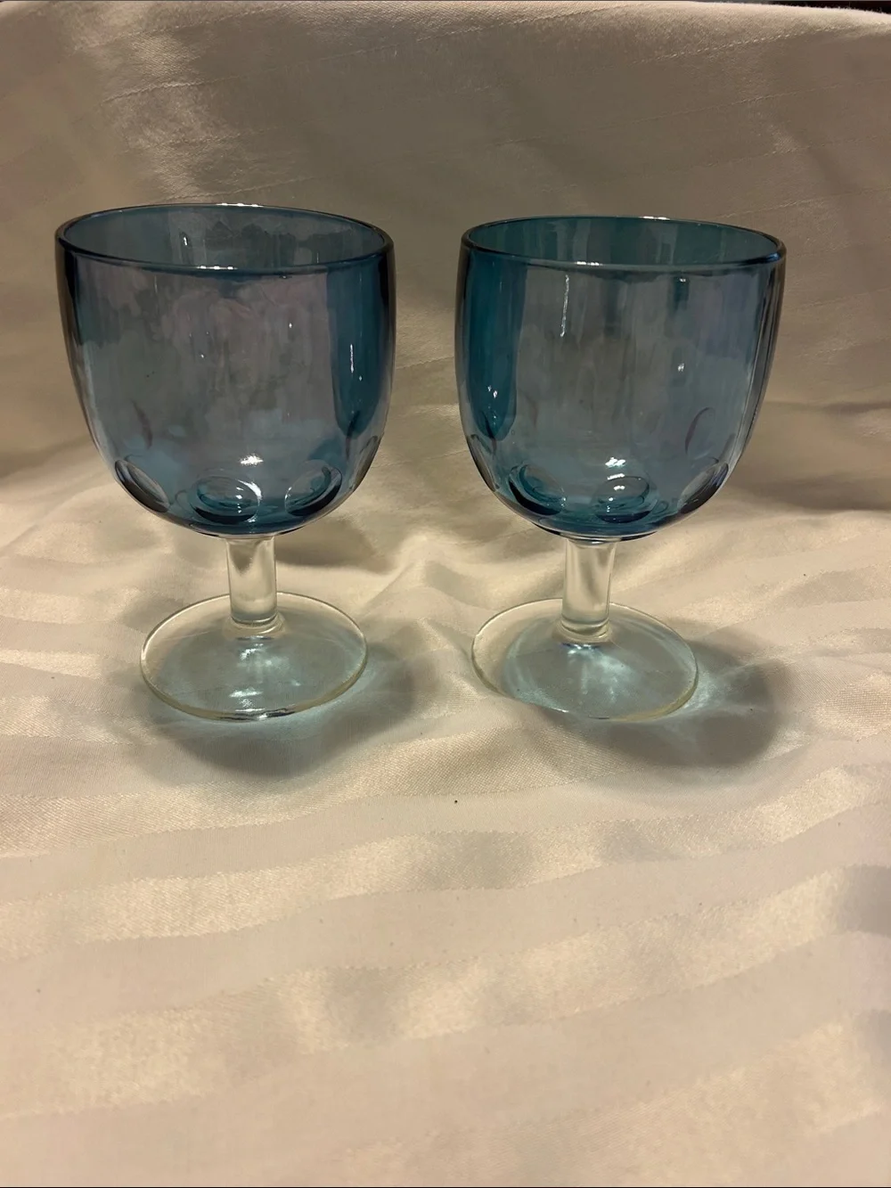 Vintage Mid-Century Modern Blue Thumbprint Glass Goblet Clear Stem Base Set of 2